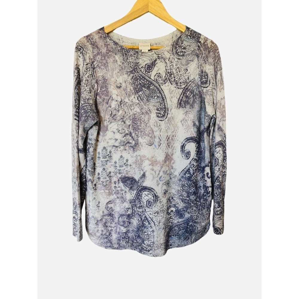 EUC Chico's Paisley Pullover Lightweight Sweater Lavender Purple Sz 2 Shimmery